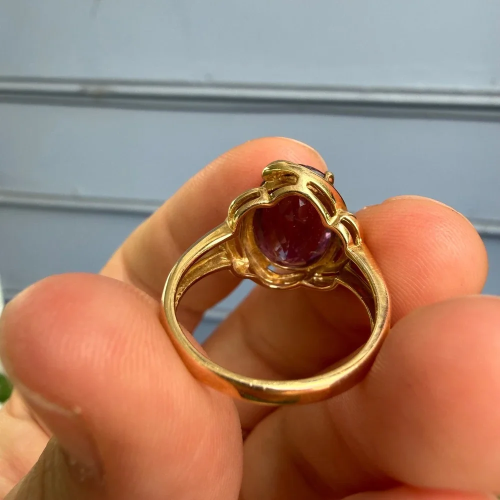 Vtg 80s 14k Yellow Gold Ring Engagement Promise Faceted Amethyst Cabochon Size 8